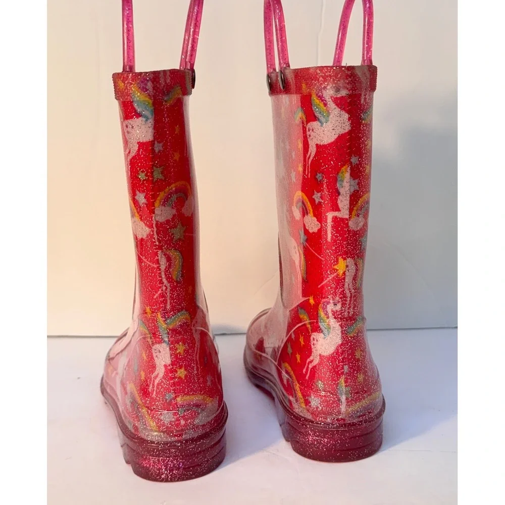 Rain boots Pink Glitter Unicorn & Rainbow Easy-on , light up heels‎ EUC